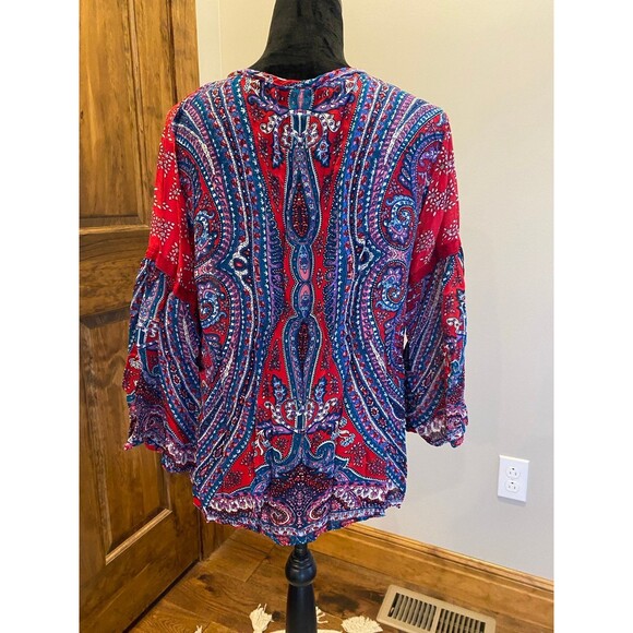 Bila Red Blue Paisley Boho Peasant Lacey Size Large Colorful Sheer Casual Top - Picture 6 of 12